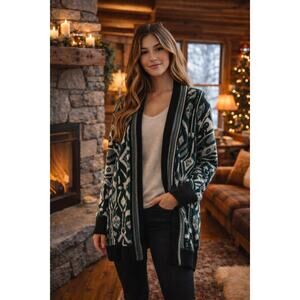Sleeping On Snow Anthropologie Geometric Boho Knit Open Cardigan Size S CozyCore